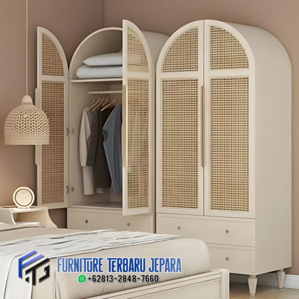Model Lemari Pakaian Minimalis Rotan Alami Duco Putih Terbaru