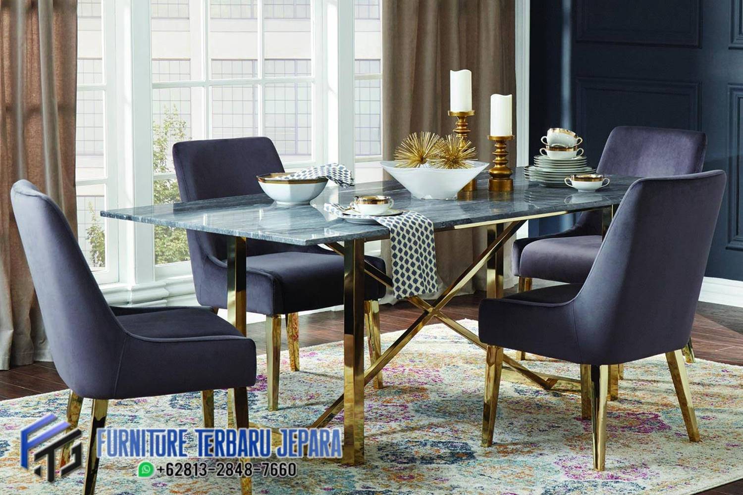 Set Meja Makan Stainless Top Marmer Mewah