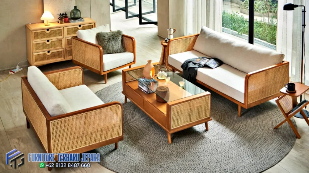 Sofa Tamu Minimalis Modern Solid Wood and Rattan