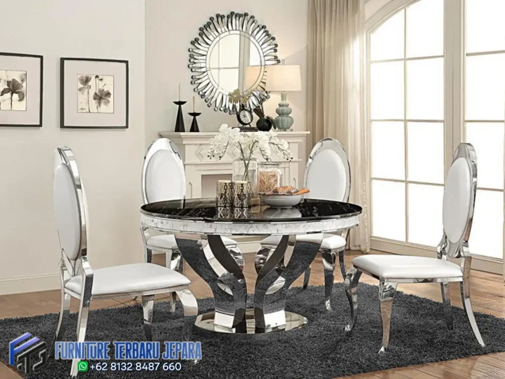 Meja Makan Marmer Bulat Stainless Gold Terbaru Jepara