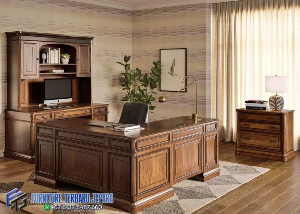 Full Set Meja Kerja Kantor Kayu Jati Terbaru Jepara