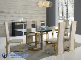 Meja Makan Mewah Stainless Top Kaca Terbaru Jepara